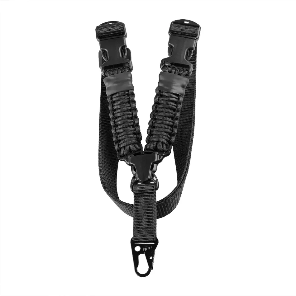 Full view of the black braided paracord utility strap
