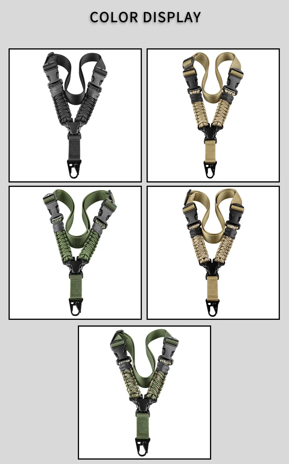 Various braided paracord straps in black, green, and camouflage