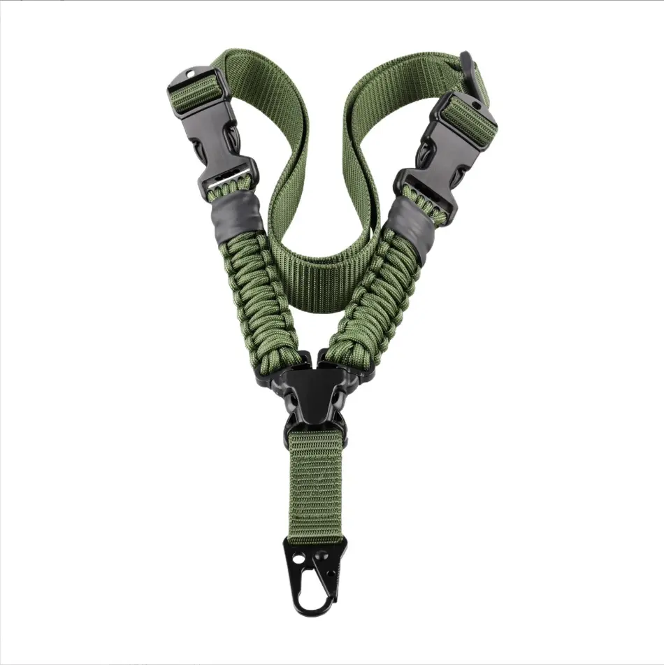 A close-up of a TMG Webbing in-stock braided paracord strap with a sturdy black metal clasp.