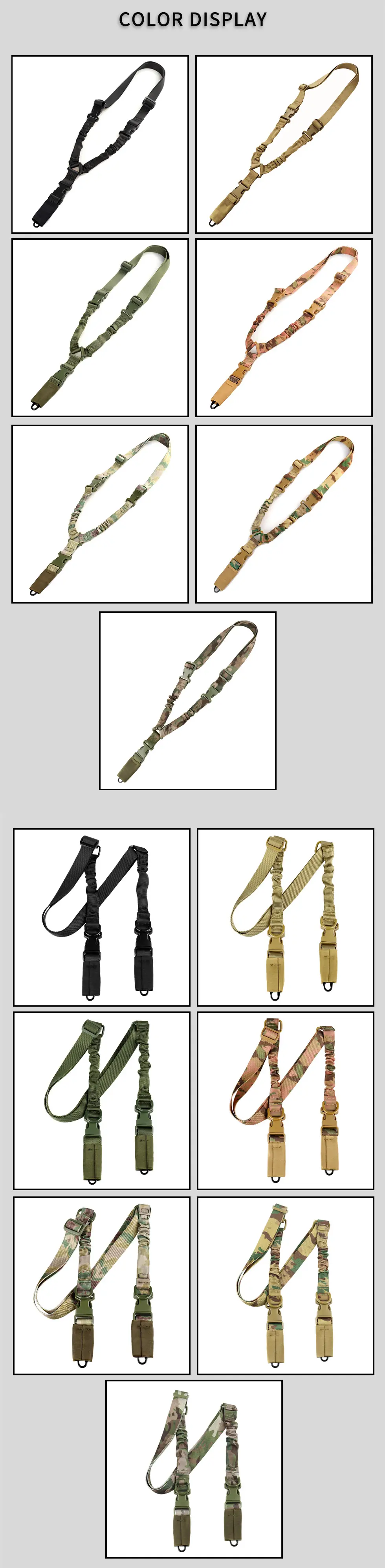 Collection of gun slings in various camouflage and solid colors