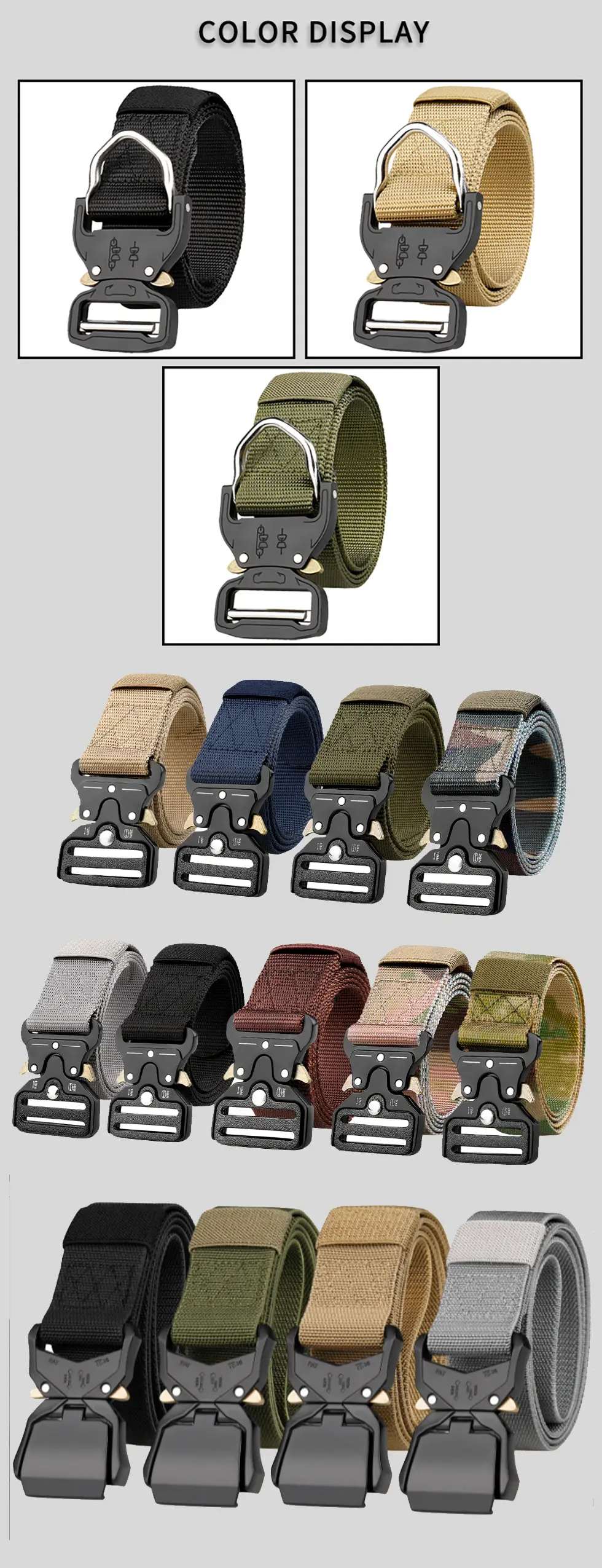 Tactical belts shown in black, khaki, olive, and camouflage