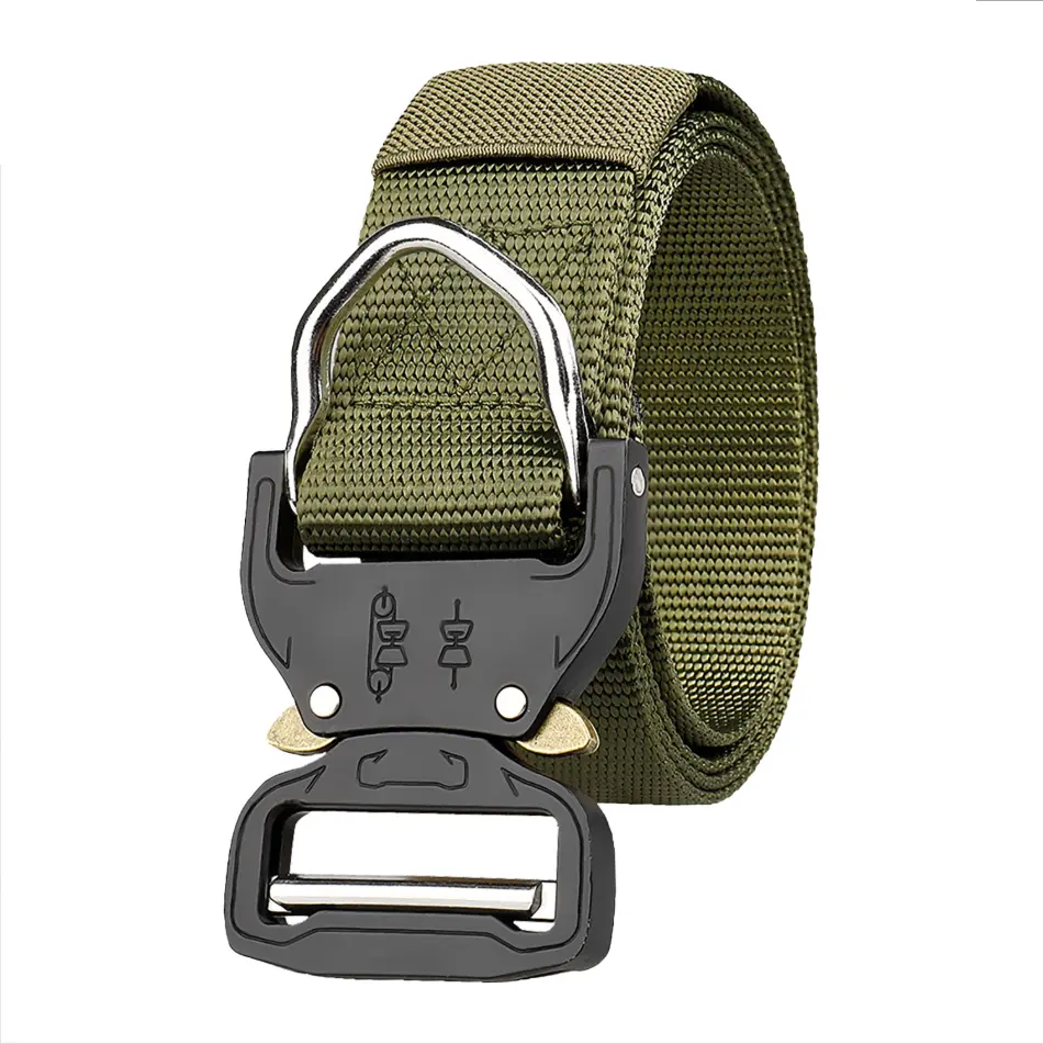 A model wearing a TMG Webbing tactical belt, demonstrating its load-bearing capability and fit.