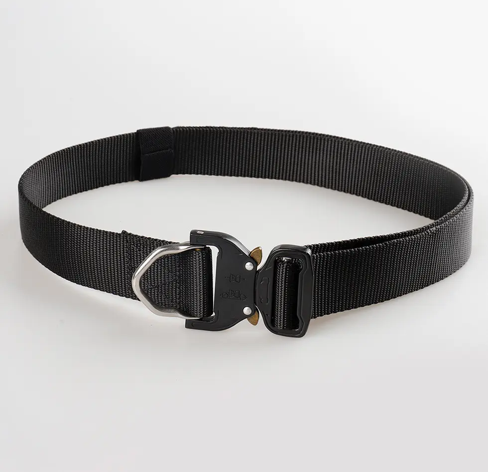 A collection of heavy-duty tactical belts showcasing their robust webbing and quick-release buckles.