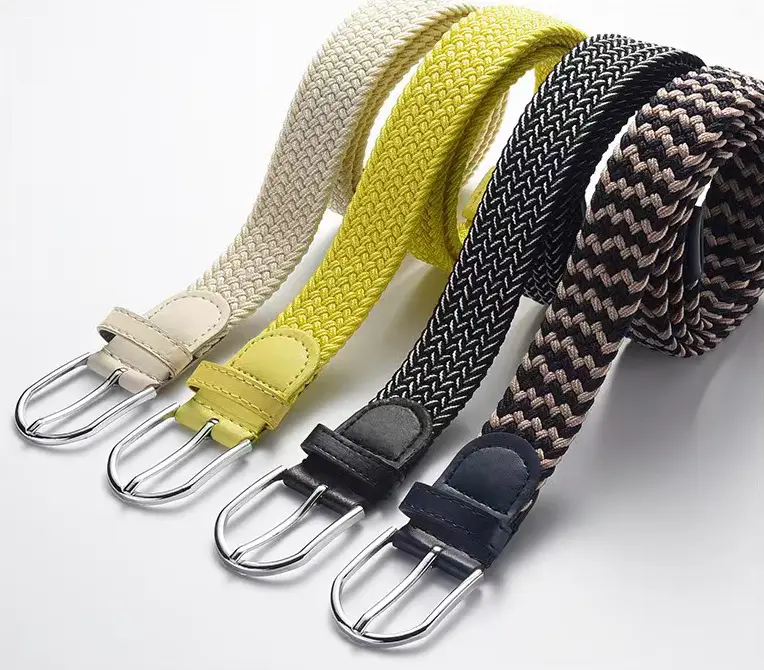 A collection of colorful and stylish woven belts with different buckle types.