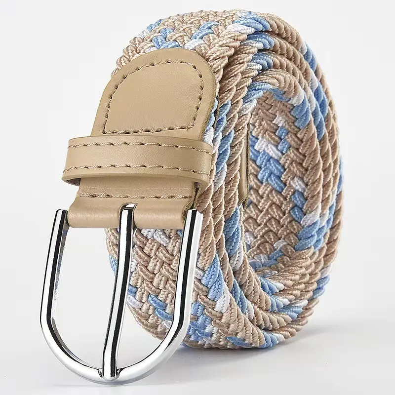 A man wearing a stylish blue woven belt, showcasing the product in use.