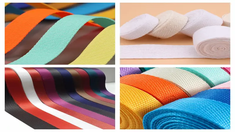 Four types of webbing rolls: nylon, polyester, PP, and cotton.