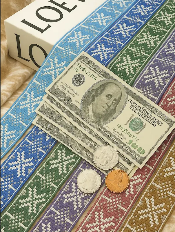 Rolls of colorful webbing stacked next to currency to illustrate the factors affecting webbing prices.