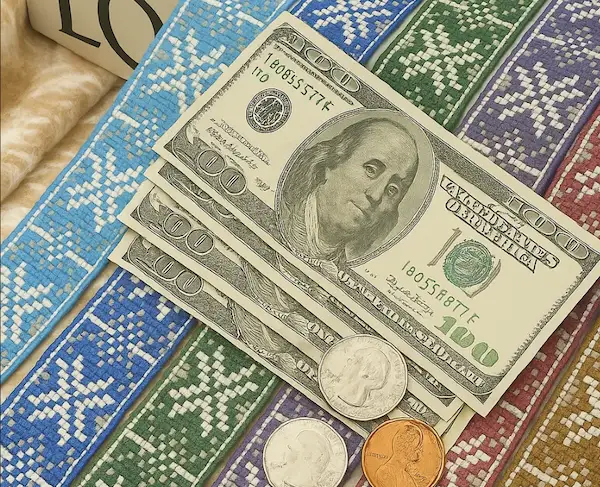 Rolls of webbing with a calculator and coins, symbolizing the cost of webbing.