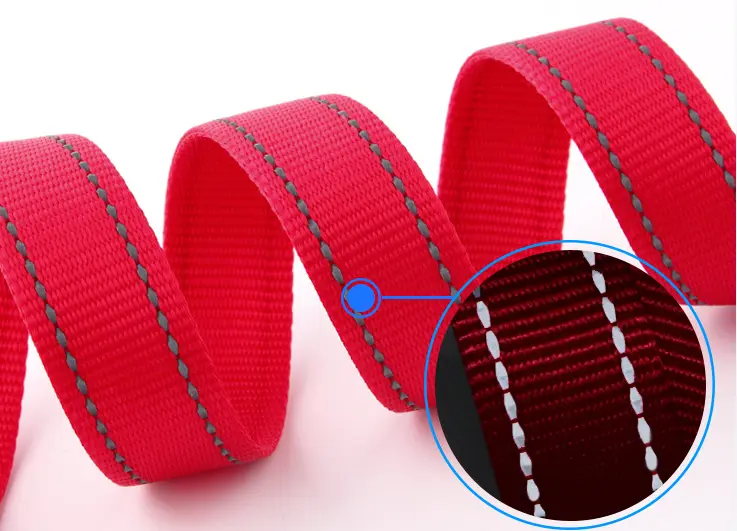 nylon material dog leash with reflective tape.
