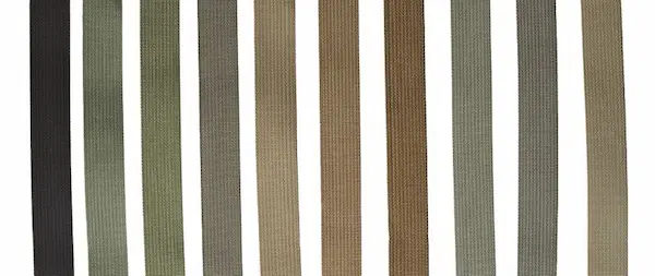 A close-up of various mil-spec 17337F standard webbings.