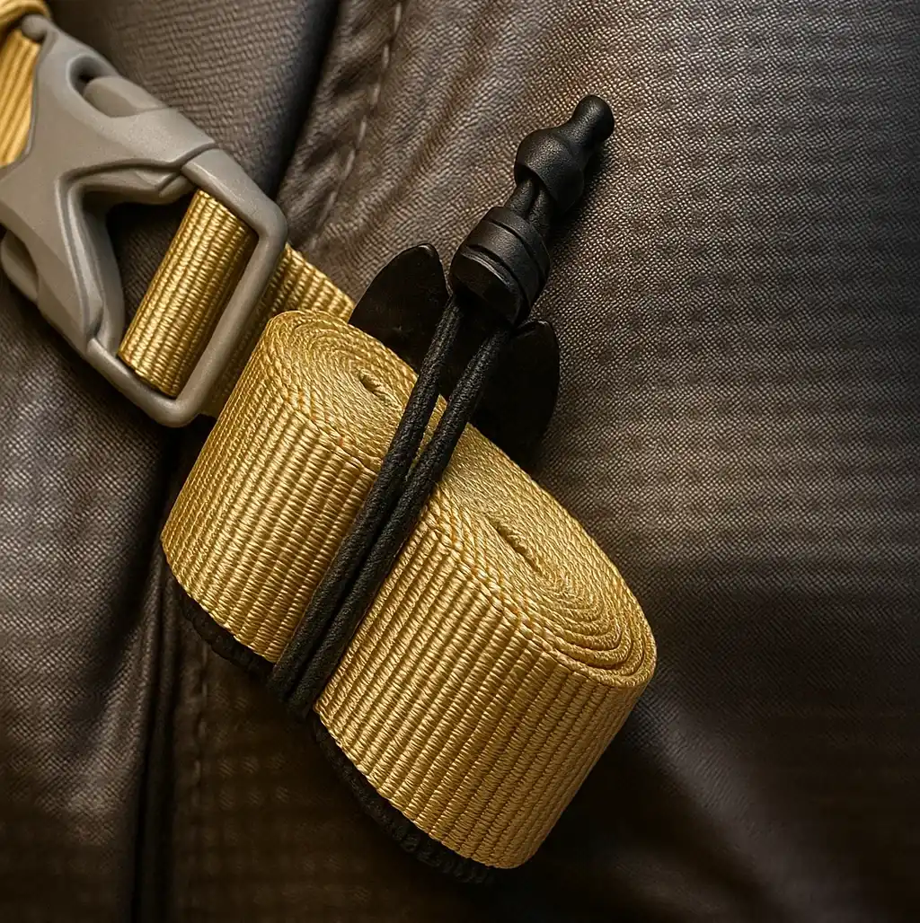 A nylon webbing on backpack.