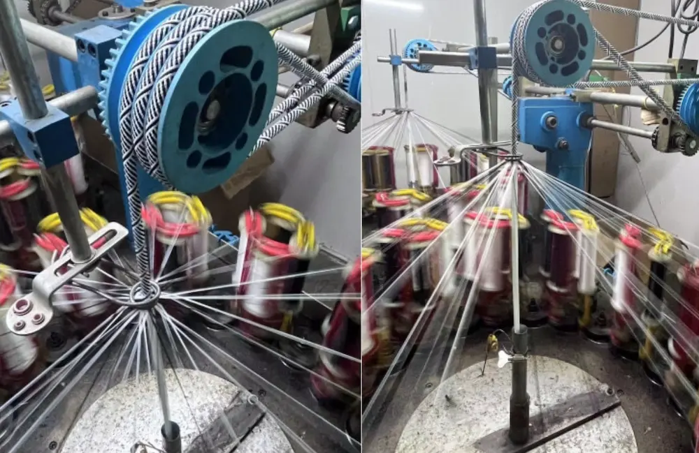 Braiding machines in a cord factory producing colorful polyester and elastic ropes.