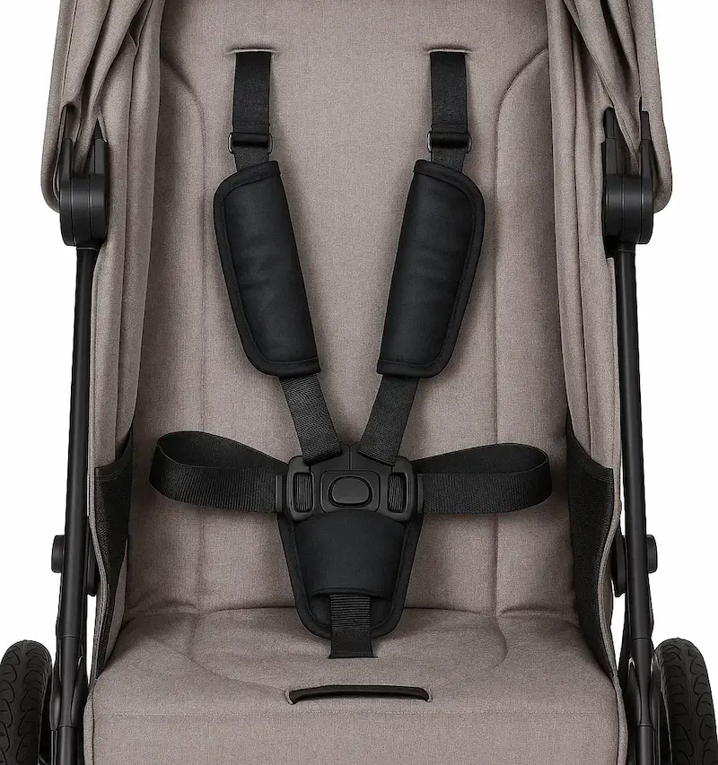 A close-up of safe, OEKO-TEX certified nylon webbing on a baby stroller harness.