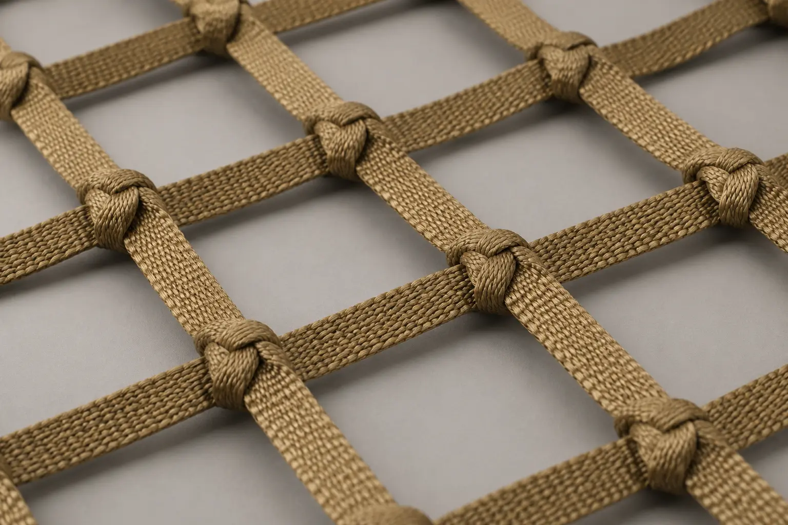 Aramid webbing netting panel for a counter-UAS capture system showing knotted junctions and cut-resistant narrow woven tape in a coyote shade.