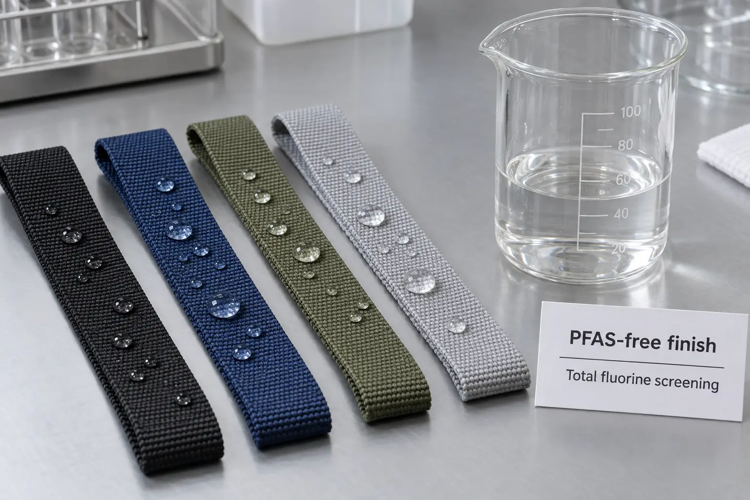 Water-repellent and coated webbing straps laid out beside laboratory glassware used for total-fluorine screening in PFAS compliance testing.