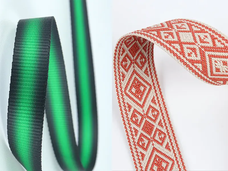 A side-by-side comparison of a durable woven jacquard webbing and a surface-printed webbing.