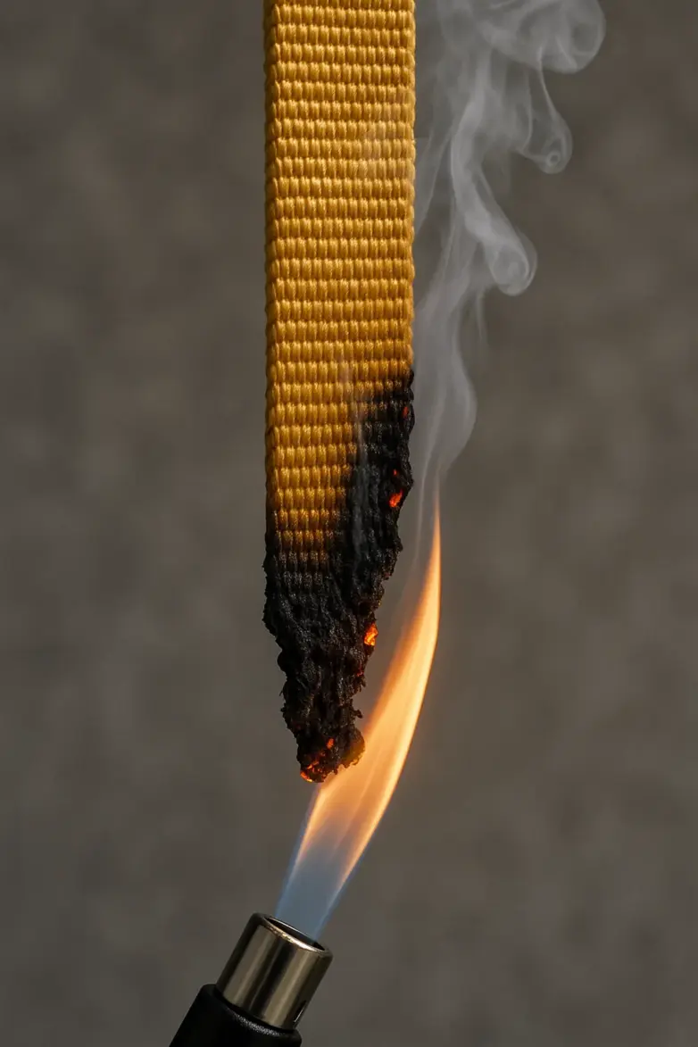 A piece of flame retardant webbing self-extinguishing after being exposed to a flame in a safety test.