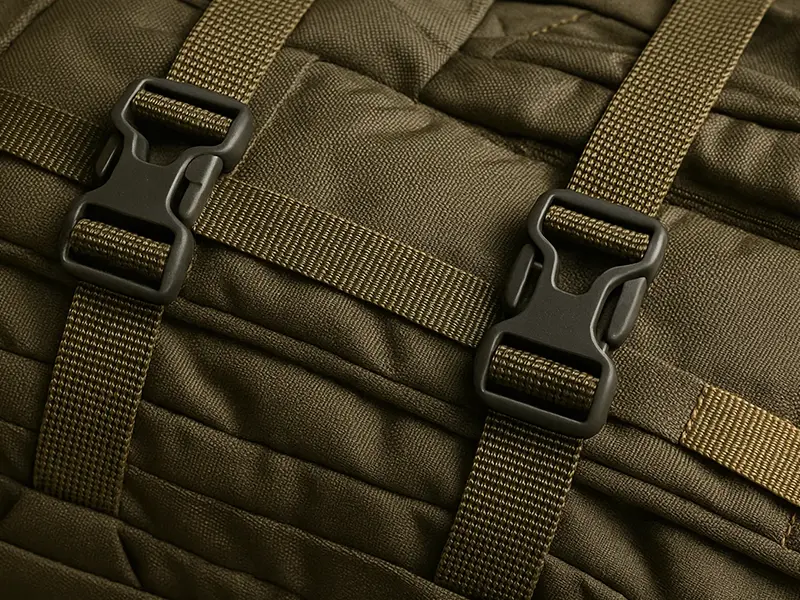 A close-up shot of durable nylon webbing straps on a high-quality outdoor backpack.
