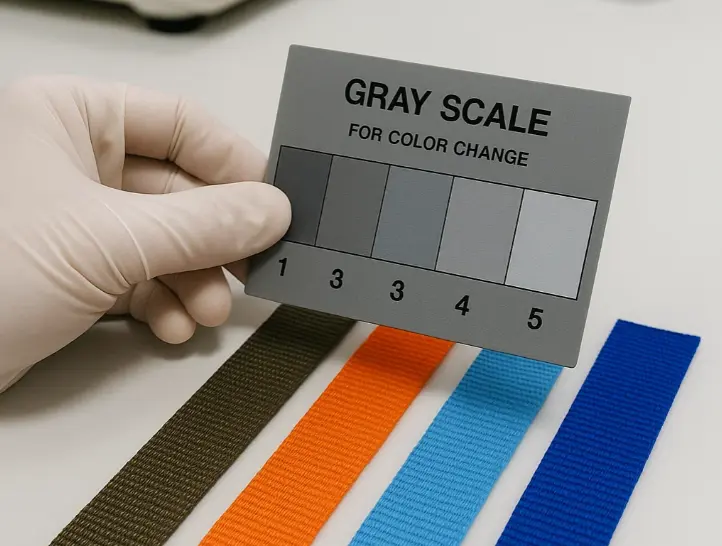 Webbing color fastness testing in a lab, comparing different colored webbing samples to a standard gray scale card.