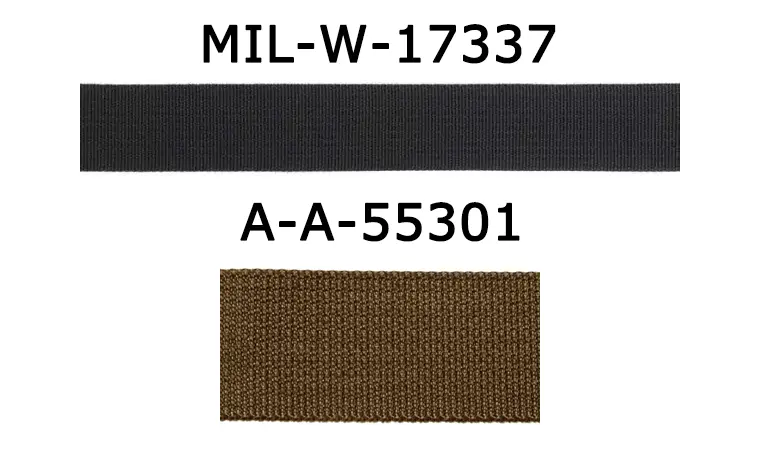 A side-by-side comparison of MIL-W-17337 and A-A-55301 military specification webbing, highlighting differences in texture and weave.