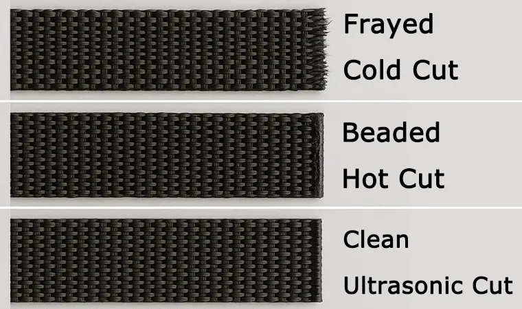 A visual comparison of webbing edges from three cutting methods: frayed cold cut, beaded hot cut, and clean ultrasonic cut.