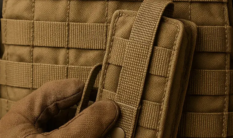 A close-up of a tactical vest showing the PALS webbing grid with a MOLLE compatible pouch being attached.