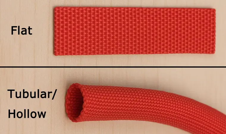 A side-by-side comparison showing the solid weave of flat webbing next to the hollow, flexible structure of tubular webbing.
