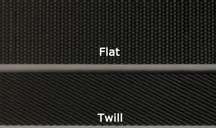 A close-up comparison of plain weave webbing and twill weave webbing, showing the difference in texture and pattern.