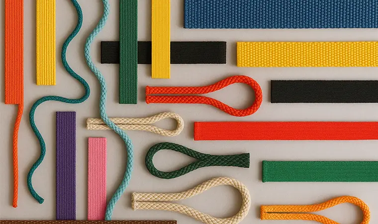 An assortment of narrow fabrics including webbing, elastic bands, and cords in various colors.