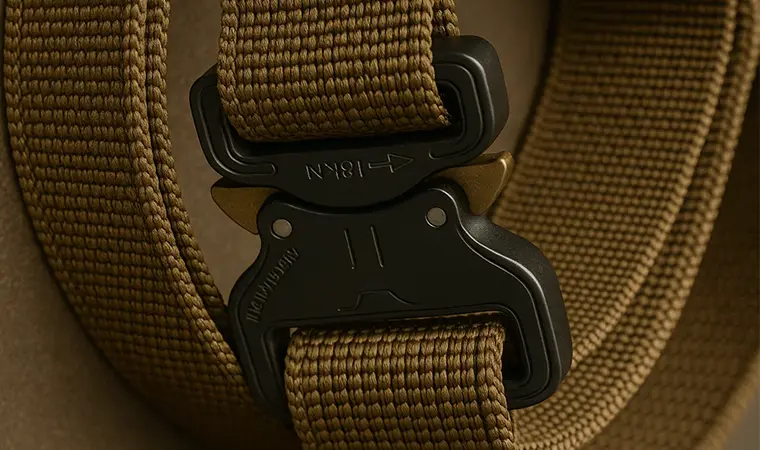 A close-up of a heavy-duty tactical military belt showing the robust nylon webbing weave and a metal cobra buckle.