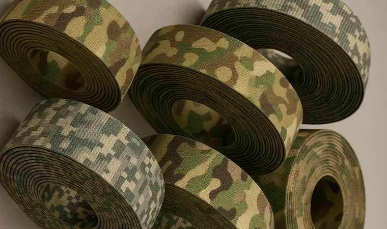Several rolls of high-quality camouflage webbing in different patterns like MultiCam and digital camo, ready for manufacturing.