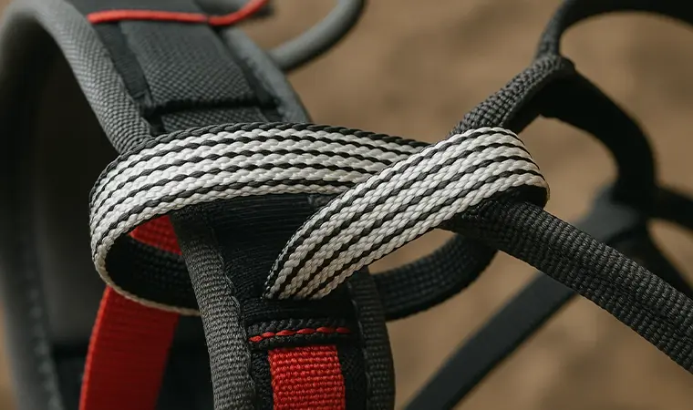 A close-up of high-performance Dyneema webbing being used in a climbing harness, showcasing its strength and lightweight properties.