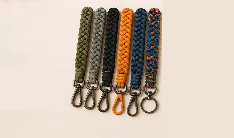 A collection of multi-functional braided paracord straps in various colors, showcasing their intricate weaves and durable metal hardware.