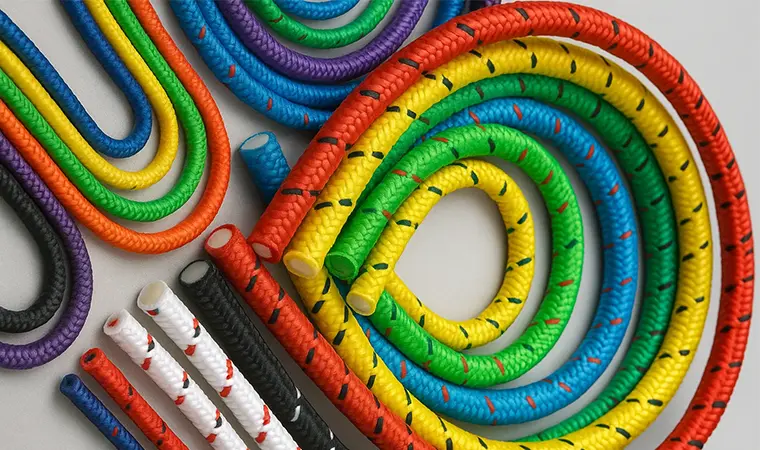 A collection of colorful elastic cords in various diameters, showcasing their braided sheaths and inner rubber cores.