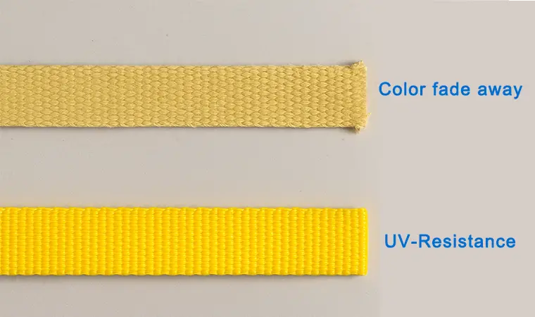 A side-by-side comparison of webbing exposed to sunlight, showing one sample faded and frayed while the other UV-resistant sample remains vibrant and intact.