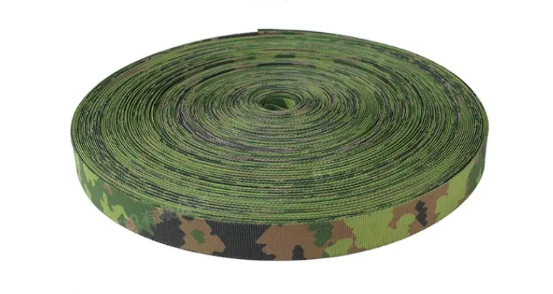 A close-up of high-quality Finnish M05 pattern camouflage nylon IRR webbing manufactured by TMG Webbing.