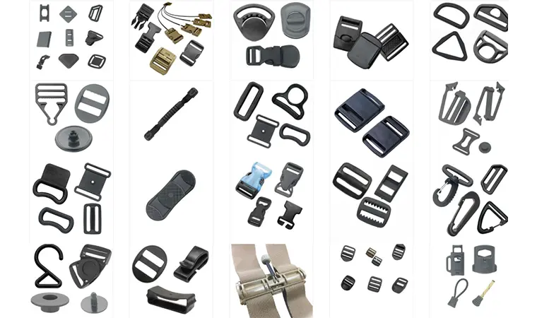 A collection of high-quality metal quick-release and adjuster buckles for tactical belts and heavy-duty gear.