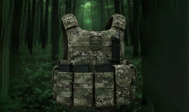 Tactical vest featuring MIL-W-17337 compliant IRR camouflage jacquard webbing.