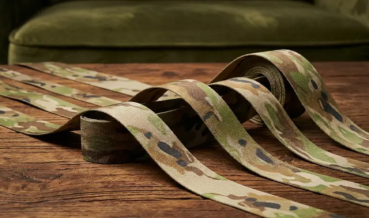 Close-up of authentic AMCU Jacquard webbing with IRR treatment.