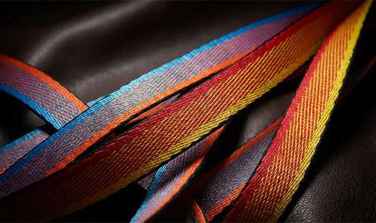 Professional slackline webbing setup in a park, suitable for tricklining and longlining.