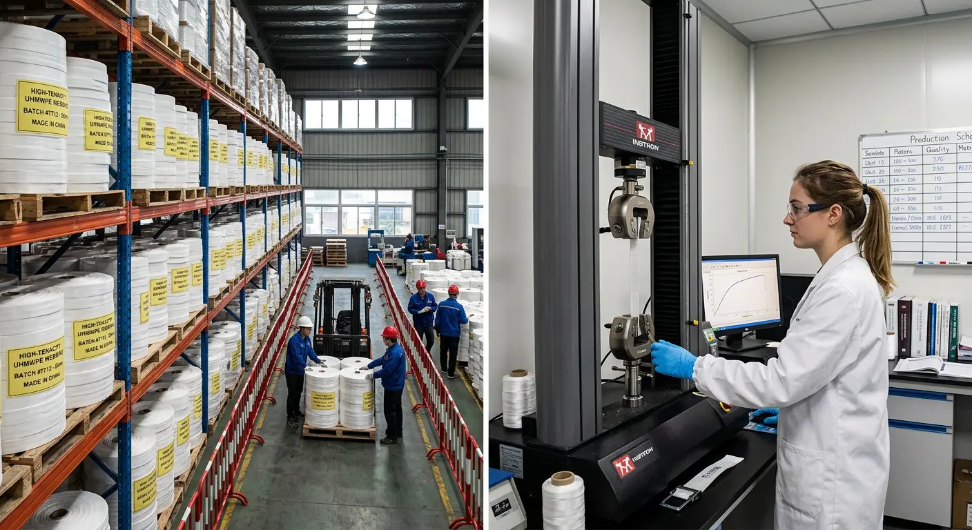 Quality control engineer testing UHMWPE webbing tensile strength in factory