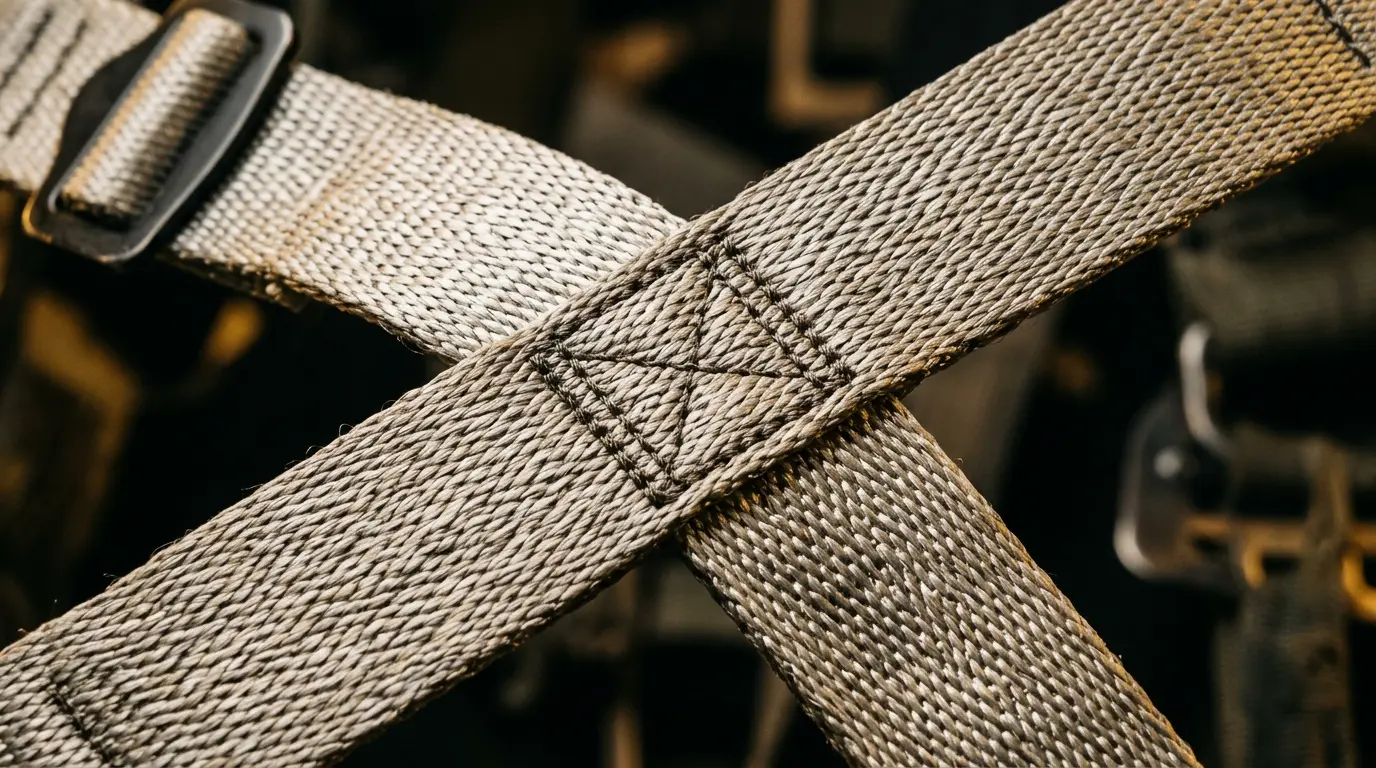 UHMWPE webbing being used in a military parachute harness system, showing the lightweight yet incredibly strong material woven into a load-bearing harness web.