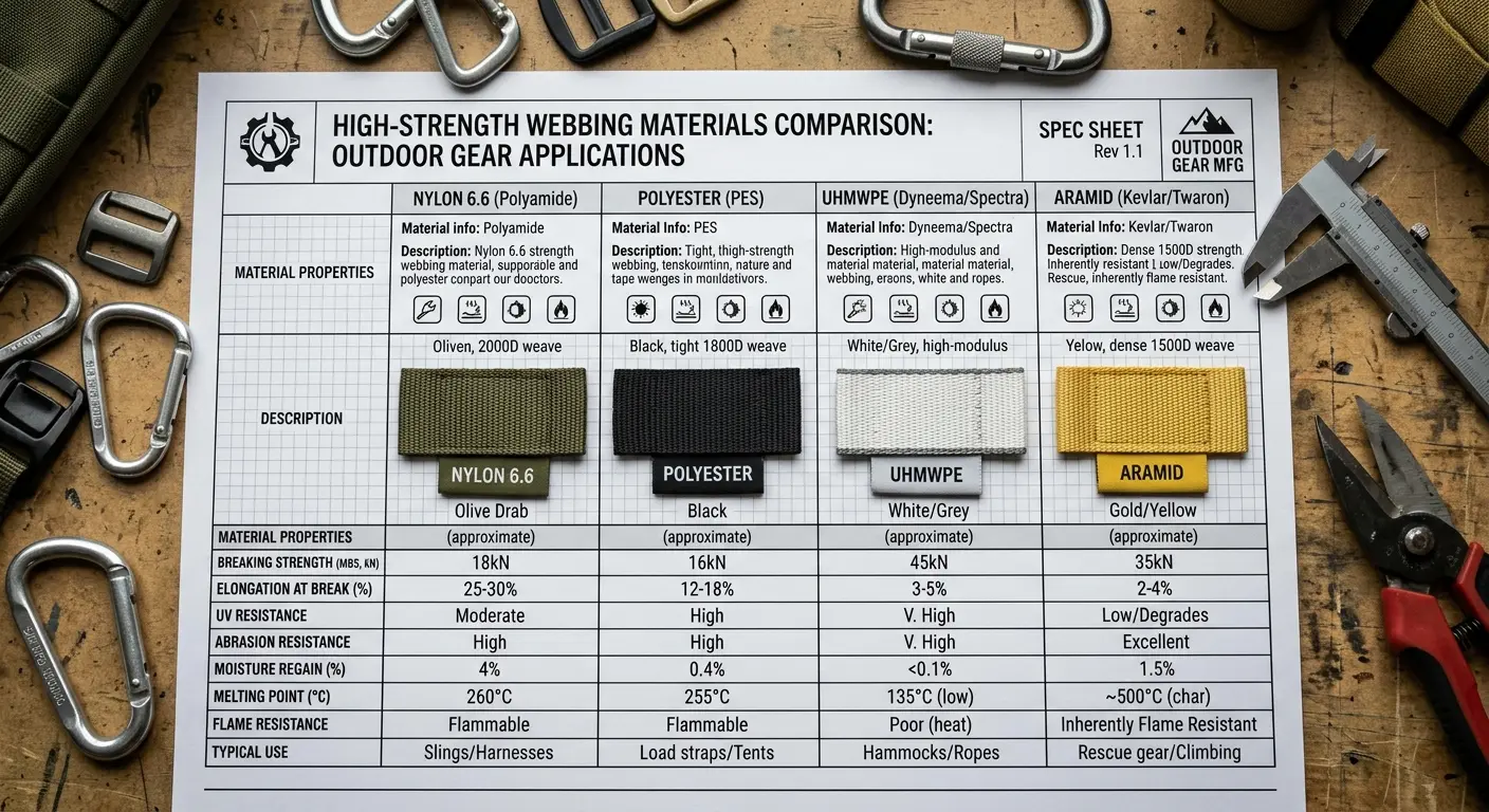 A comparison of high-strength webbing materials — Nylon 6.6, Polyester, UHMWPE, and Aramid — laid out on a technical specification sheet for outdoor gear manufacturing.