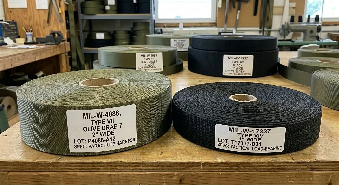 Military-spec nylon webbing rolls meeting MIL-W-4088 and MIL-W-17337 standards in olive drab and black, showing contrasting weave densities for parachute vs tactical applications.