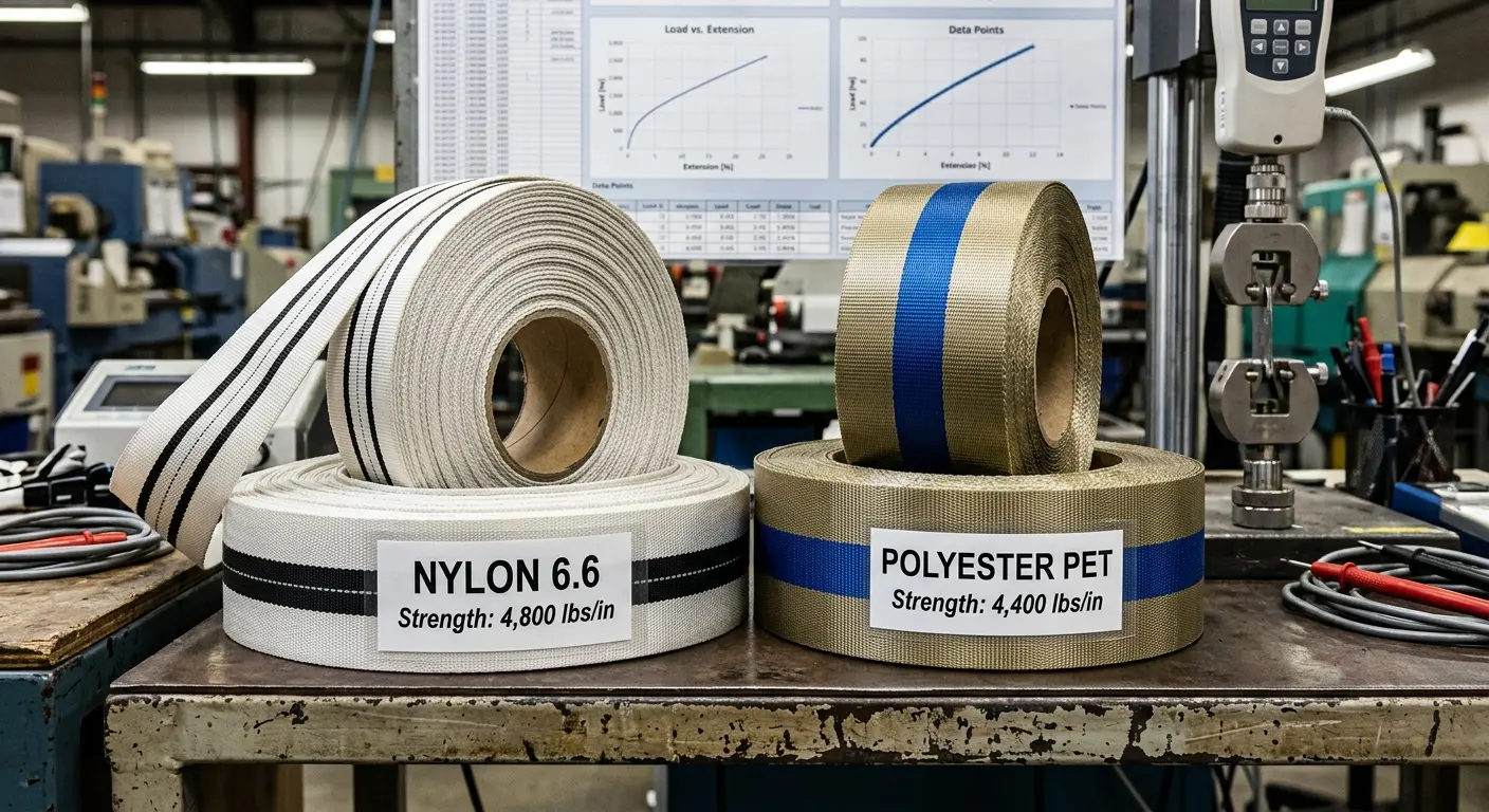 Side-by-side comparison of nylon and polyester webbing rolls on a tensile testing machine showing breaking strength data.