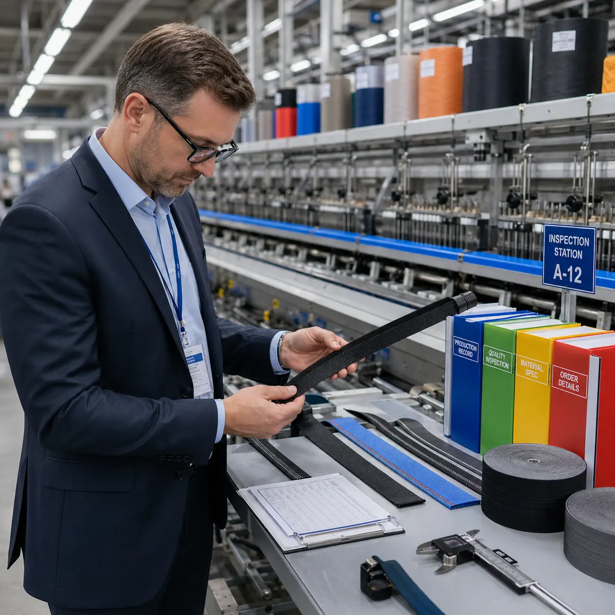 B2B buyer systematically inspecting a webbing factory floor with a checklist, checking production records and webbing quality samples.