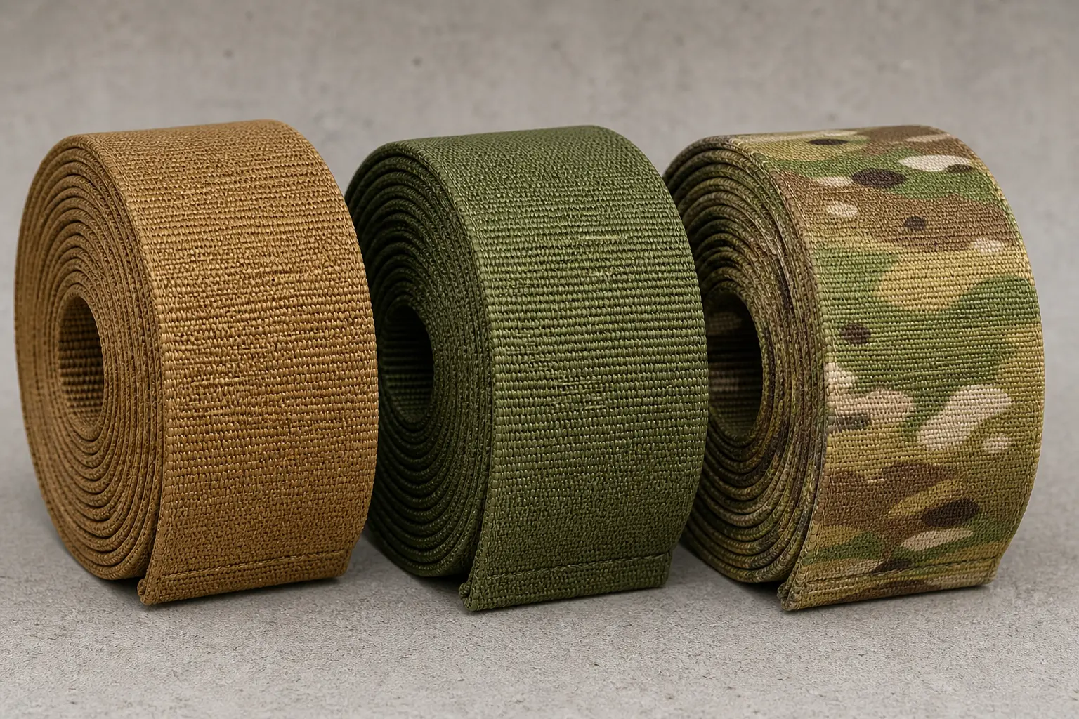 Mil-spec military webbing rolls in Coyote Brown, Ranger Green, and MultiCam camouflage patterns arranged side by side.