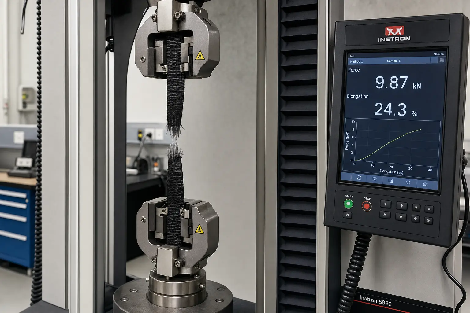 Universal testing machine performing a tensile break test on nylon webbing, with a digital readout showing force in kilonewtons and elongation percentage.