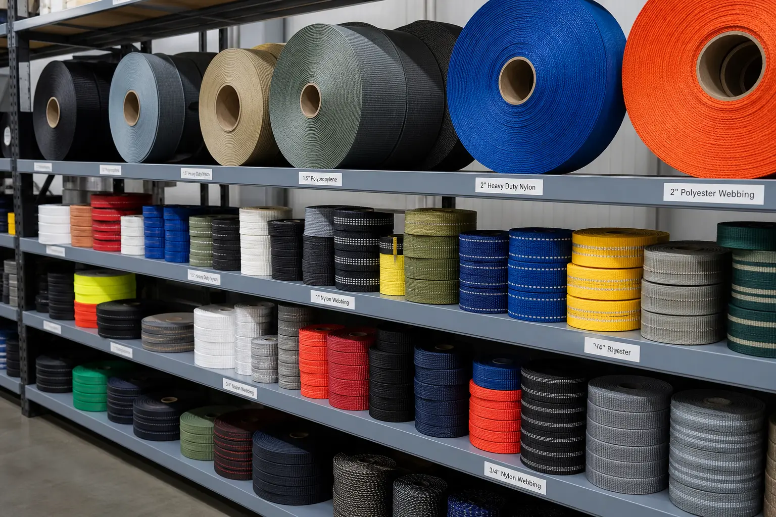Stacks of colored webbing rolls on a factory shelf, showing different materials and widths available for minimum order quantity production.