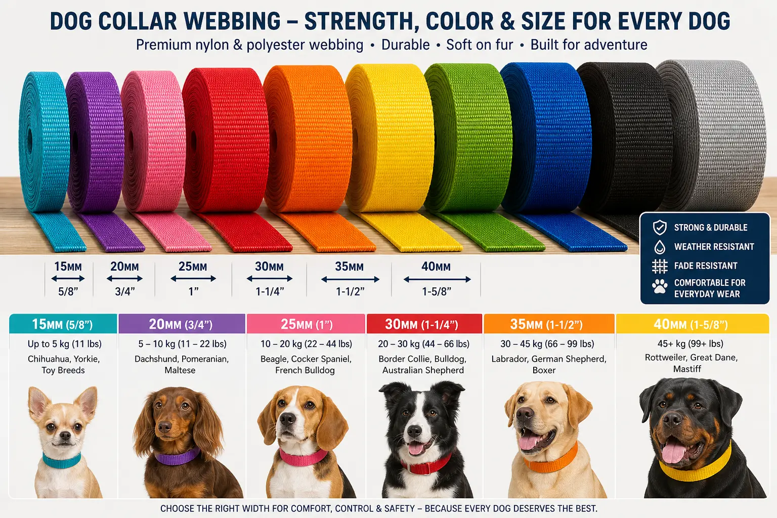 Colorful dog collar webbing rolls in nylon and polyester, widths from 15mm to 40mm for different dog breeds.